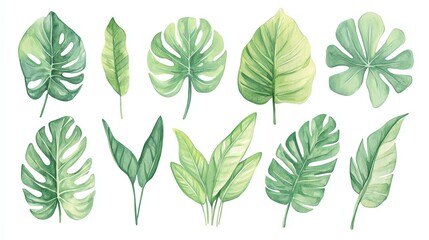 A collection of vibrant green leaves, showcasing various shapes and textures, perfect for nature-themed designs.