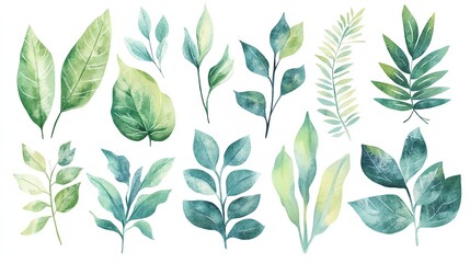 A collection of watercolor leaves featuring diverse shapes and shades of green, perfect for design and botanical themes.