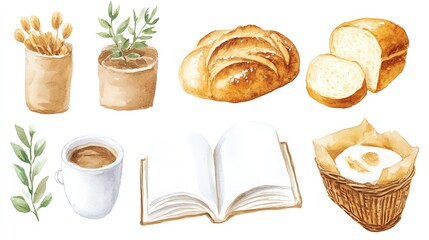 A cozy arrangement featuring bread, coffee, plants, and a book, perfect for a relaxing morning or artistic design.