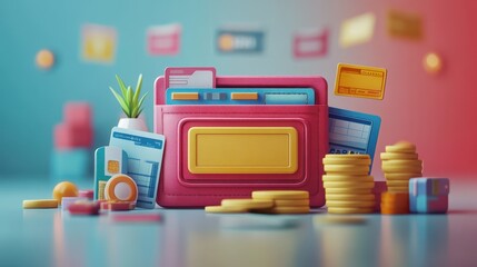 A colorful digital wallet with coins, cards, and a plant, set against a vibrant background, representing finance and organization.