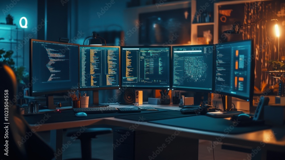 Poster A Nighttime Workspace with Multiple Monitors Displaying Code
