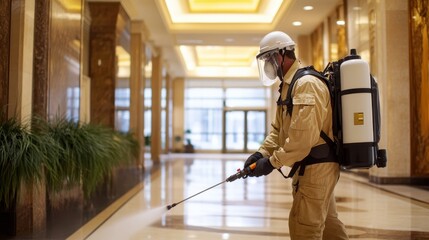 Fototapeta premium A worker in protective gear sprays disinfectant in a large commercial space