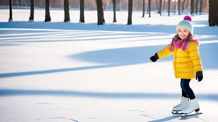 Cute little child girl in pink hat and yellow jacket skating on ice rink on a sunny winter cold day. Wintertime weekend outdoors.Generative AI 
