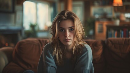 A young woman with tousled hair gazes thoughtfully in her warm, inviting living space, reflecting tranquility and introspection during quiet moments.