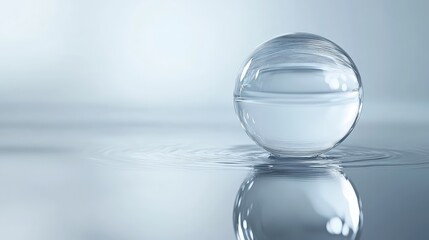 A transparent glass ball bouncing on a reflective surface, with motion blur capturing the point of impact and upward movement