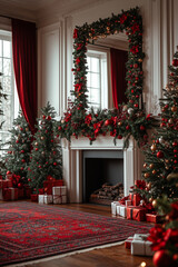  Elegancki, świąteczny salon z kominkiem. Nad nim lustro otoczone girlandą, a w środku stosy prezent&oacute;w i choinki. Wnętrze w odcieniach czerwieni.