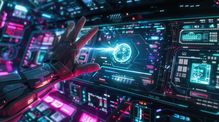 Obraz premium Futuristic AI Interface with Robotic Hand Interaction