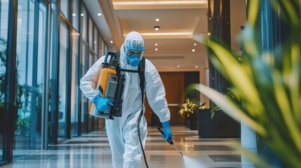A worker in a hazmat suit sprays disinfectant while ensuring cleanliness in a hotel lobby