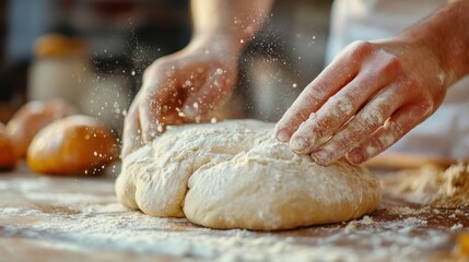 Fototapeta premium Baking bread, close-up of dough being shaped by hands, flour dusted on the table