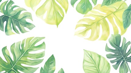 Naklejka premium A vibrant collection of watercolor leaves, capturing a fresh, tropical ambiance with shades of green and yellow, perfect for design.