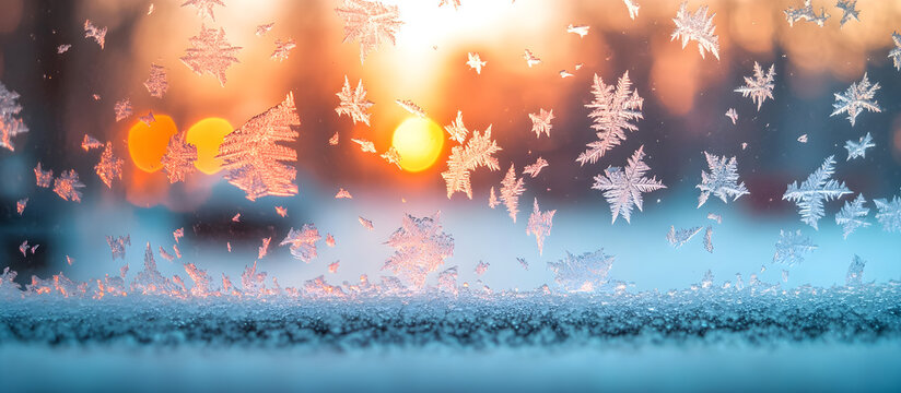 A window with snowflakes on it and a sunset in the background - Powered by Adobe