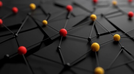 Network of Interconnected Nodes on a Black Background with Red and Yellow Dots