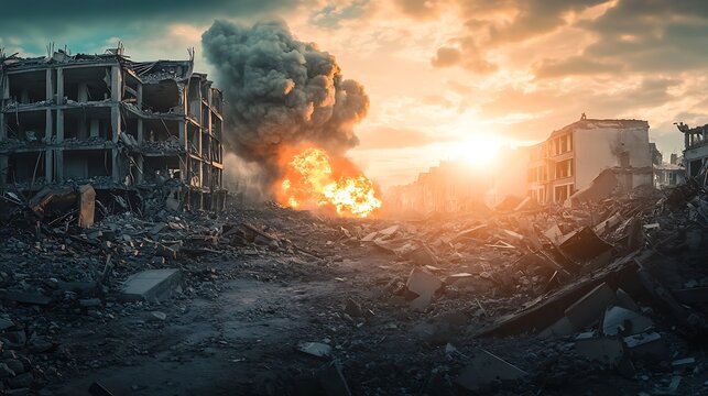 A devastated urban landscape with smoke and fire, depicting destruction and chaos.