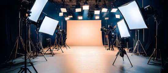 A studio with a large white screen and a number of lights