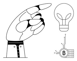 A robotic hand pointing upward, a light bulb symbolizing ideas, and a cryptocurrency symbol suggest innovation and technology. Ideal for technology, innovation, cryptocurrency, robotics, and modern