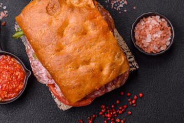 Focaccia with salami, cheese, tomatoes, arugula, salt, spices and herbs