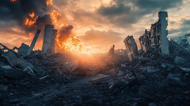 A dramatic scene of destruction with burning ruins and a fiery sky, evoking a sense of chaos and despair.