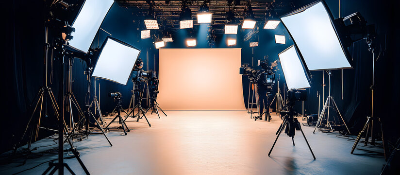 A studio with a large white screen and a number of lights