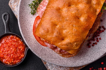 Focaccia with salami, cheese, tomatoes, arugula, salt, spices and herbs