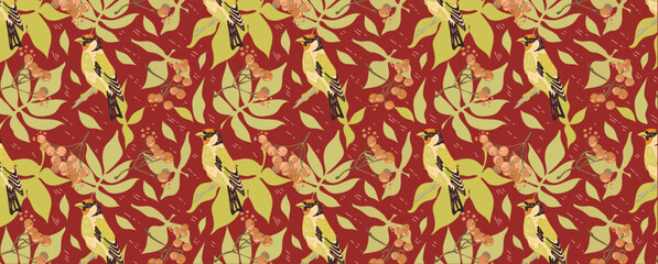 A seamless pattern of birds and branches with berries. The birds are in muted orange and black tones, creating a calm and peaceful design.