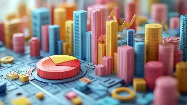 A colorful 3D representation of financial data, showcasing charts and city-like structures. - Powered by Adobe