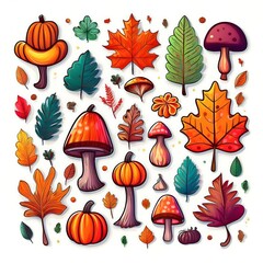 Fototapeta premium A vivid collection of colorful mushrooms, acorns, maple leaves, and small pumpkins celebrating autumns beauty. Generative AI