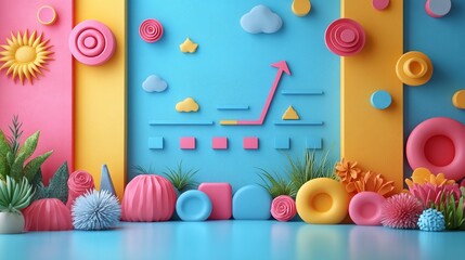 A colorful abstract scene featuring geometric shapes and plants, symbolizing growth and creativity.
