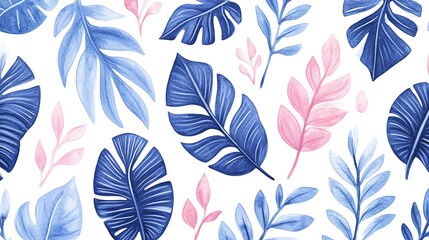 Beautiful watercolor leaves in blue and pink tones create a vibrant, nature-inspired pattern perfect for backgrounds.
