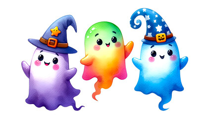 Obraz premium Watercolor Clipart of Cheeky Ghost Friends Playful and Adorable Bright Colors, isolated on a white background