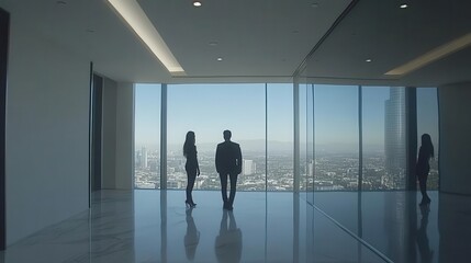 Fototapeta premium Business professionals admire a panoramic city view from a modern office space, enhancing the inspiration and vision.