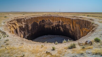 A large sinkhole in a dry, desolate landscape, with dry grass and a blue sky in the background.
