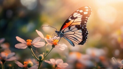 Fototapeta premium Butterfly on flower, close-up of delicate wings on vibrant petals.
