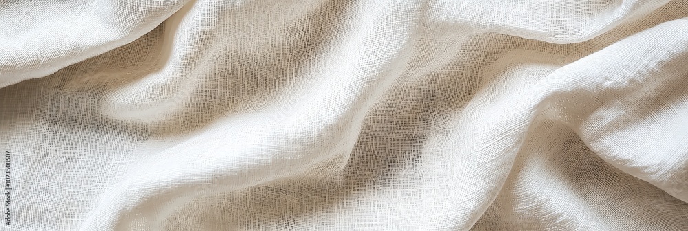 Poster A close-up view of white linen fabric, showcasing its soft texture and natural draping. The gentle folds create an inviting and relaxed atmosphere, ideal for various design projects