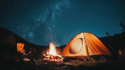 Camping under stars, close-up of campfire and tent setup, starry night sky in background