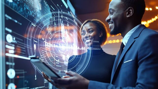 Team members collaborate on data analysis during a technology conference in an innovative workspace featuring holographic displays. Business concept and implementation of new technologies