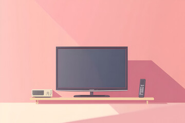 Minimalistic TV setup on a shelf with a retro radio and remote control