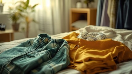 Casual outfit, close-up of neatly arranged casual clothes on a bed, soft natural light
