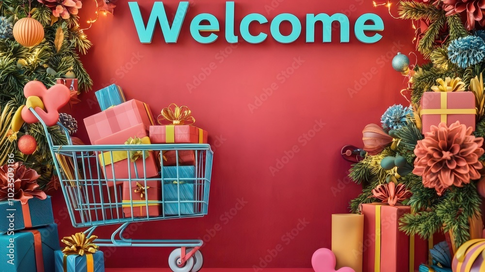 Poster a vibrant holiday display features a shopping cart filled with neatly wrapped gifts, surrounded by d