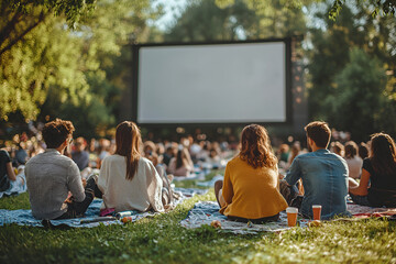 Outdoor movie screening with people sitting on blankets in a park