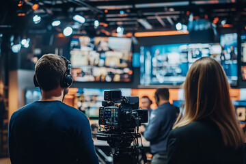 Behind the scenes in a news studio with camera operators and monitors