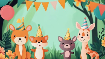 Obraz premium Cute Cartoon Animals at a Birthday Party with Banners and Balloons