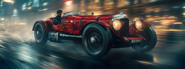 A red vintage car is driving down a wet road