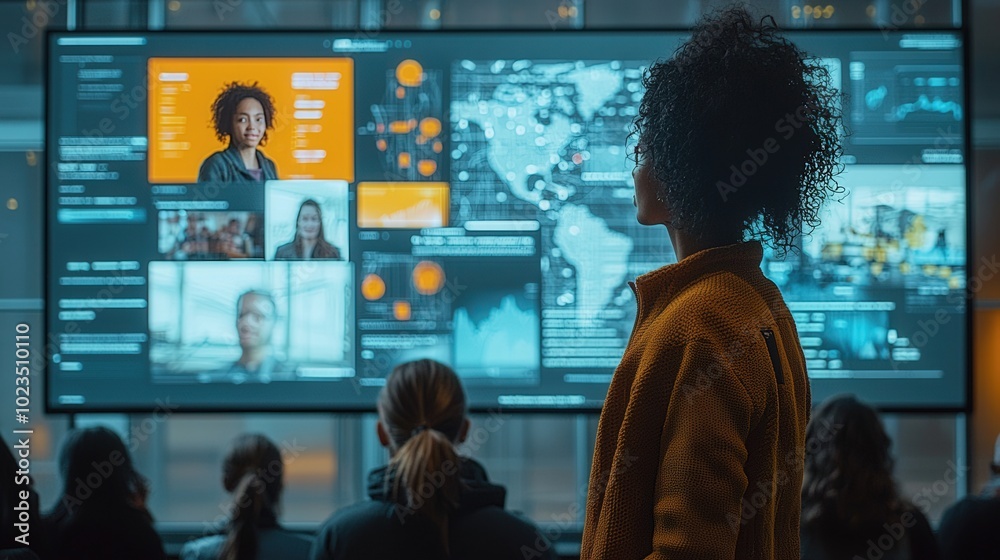 Aufkleber a woman stands attentively, examining detailed data and visuals displayed on a large screen while se