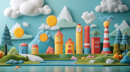 A colorful, whimsical landscape with playful buildings, trees, and clouds by a serene lake.