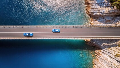 in the sea, on summer day, Aerial drone top view of blue car driving on bridge asphalt road above the sea or ocean water coast
