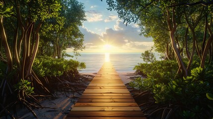 Serene Sunrise Tranquil Boardwalk Through Lush Mangrove Forest to Secluded Beach