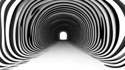 Naklejka premium A surreal tunnel with black and white swirling patterns leading to a bright opening.