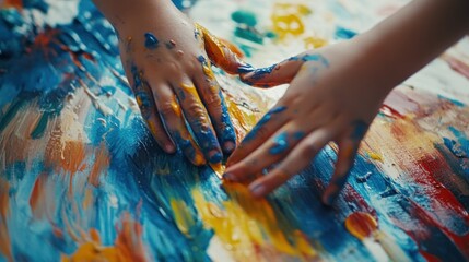 Obraz premium Close-up of Hands Covered in Paint on a Colorful Canvas