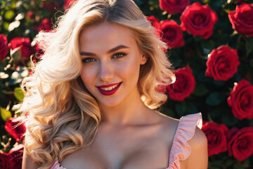 Naklejka premium Sexy woman with blonde hair in pink dress lying on carpet from red rose's buds and petals