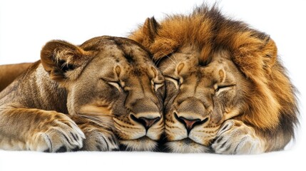 Obraz premium A lion and lioness lie together with their heads touching, both with eyes closed.